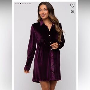 PINKBLUSH Plum Velvet Button Down Maternity Dress
